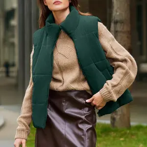 Women's Corduroy Stand Neck Zipped Puffer Vest Fall Outfit Basic Casual Vest