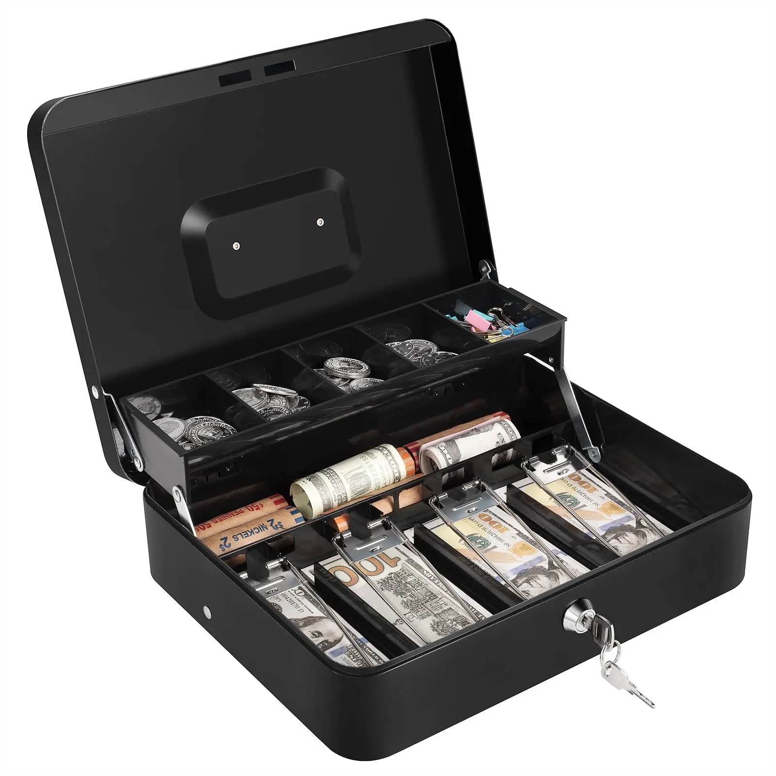 Cash Box with Money Tray and Lock Money Box for Cash, Metal Locking Cash Box - 11.8" x 9.4" x 3.54" Cash Box with Money Tray and Lock Money Box for Cash, Metal Locking Cash Box - 11.8" x 9.4" x 3.54"