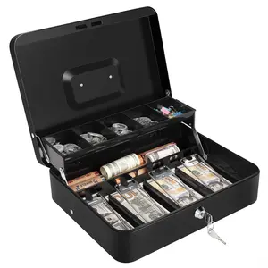 Cash Box with Money Tray and Lock Money Box for Cash, Metal Locking Cash Box - 11.8" x 9.4" x 3.54"