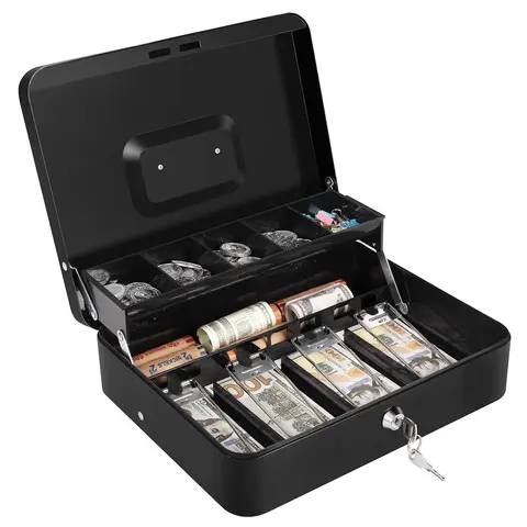Cash Box with Money Tray and Lock Money Box for Cash, Metal Locking Cash Box - 11.8" x 9.4" x 3.54"