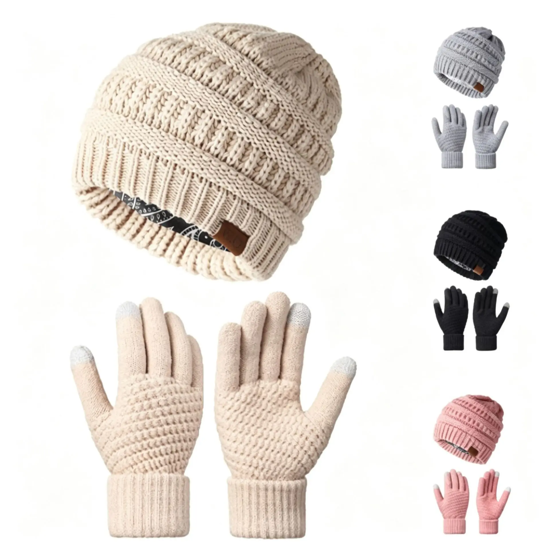 Women Winter Beanie Hat Gloves Set Warm Knitted Hats and Touchscreen Gloves Men