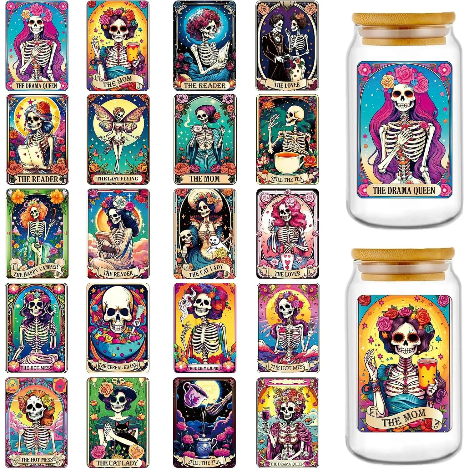 UV DTF Cup Wrap - 20 Sheets Skull UV DTF Cup Wraps for 16 oz Gothic Skeleton UVDTF Decals for Tumblers  Rub on Transfer Stickers for Glass Cups  DIY Crafts