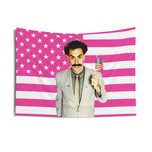 Borat Flag, Borat Indoor Wall Tapestries, Sacha Baron Cohen as Borat Pink Flag