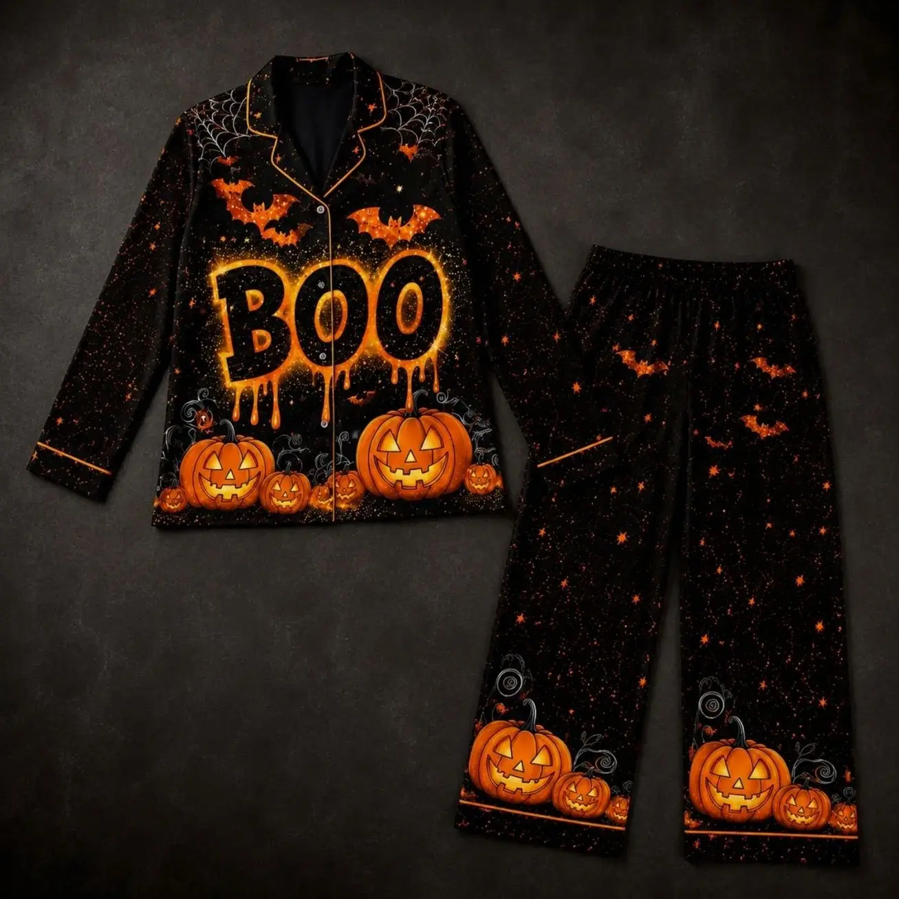 Halloween Boo Satin Pajama Set, Women's Short & Long Pajamas, Pumpkin Sleepwear, Spooky PJ Set, Halloween Gift