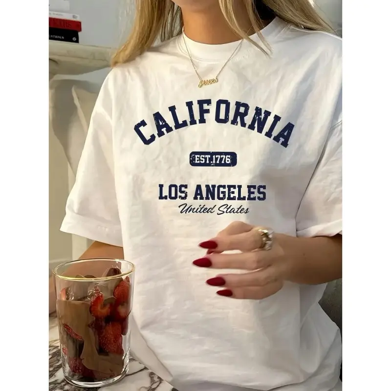Women's Oversized Cotton Graphic Print T-Shirt - Round Neck, Short-Sleeve, Relaxed Cut, California Los Angeles Sports Apparel - Everyday Shirts for Summer Casual Outings