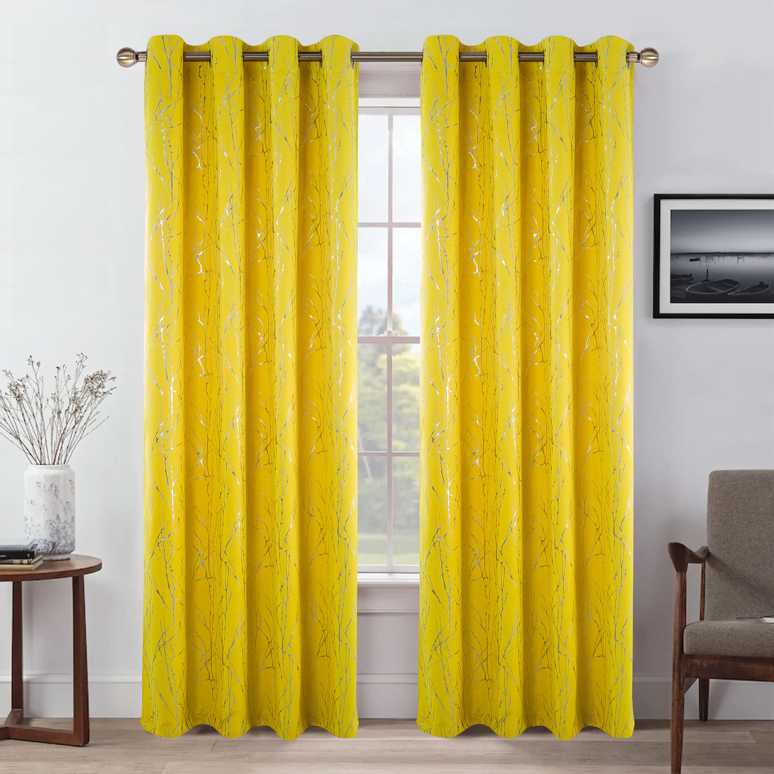 AURA 2-Panel 3D Silver Foil Tree Branch Rubber Metallic Printed Blackout Curtains Set Grommet Drapes, Thermal Insulated Room Darkening Privacy for Bedroom Living Room QF900 Holiday Home Deals