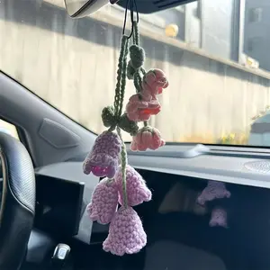 Handmade Crochet Bellflower Pendant with Stem Leaves and Petals, Knitted Hanging Ornament, Car Decor, Car Hanging Decoration, Home Accessories, Unique Gift