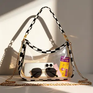 Half-Moon Concert-Ready Clear Bags for Women Cute Checkered Crescent Handbag& Crossbody Shoulderbag with Chain Strap Concert & Stadium Approved Women's Solid Color  with Zipper Closure
