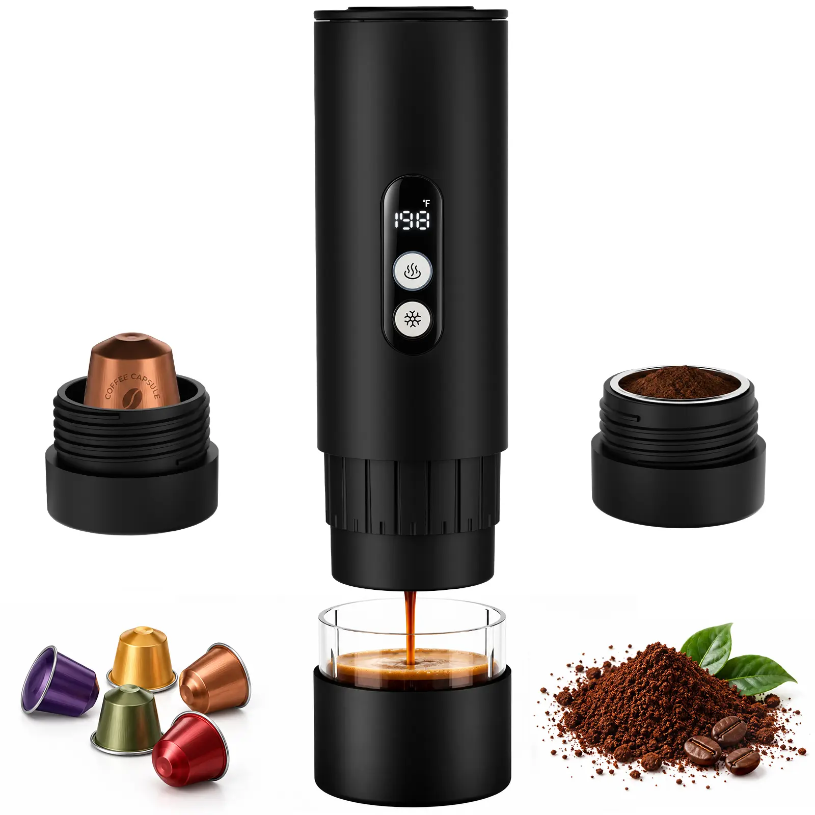 Portable Coffee Maker,Cafe Tera Portable,Self-Heating Espresso Machine with 15-Bar Extraction, 3-in-1 Brewer for Capsules & Ground Coffee, USB-C Rechargeable for Camping, Travel, Office and Outdoor Use