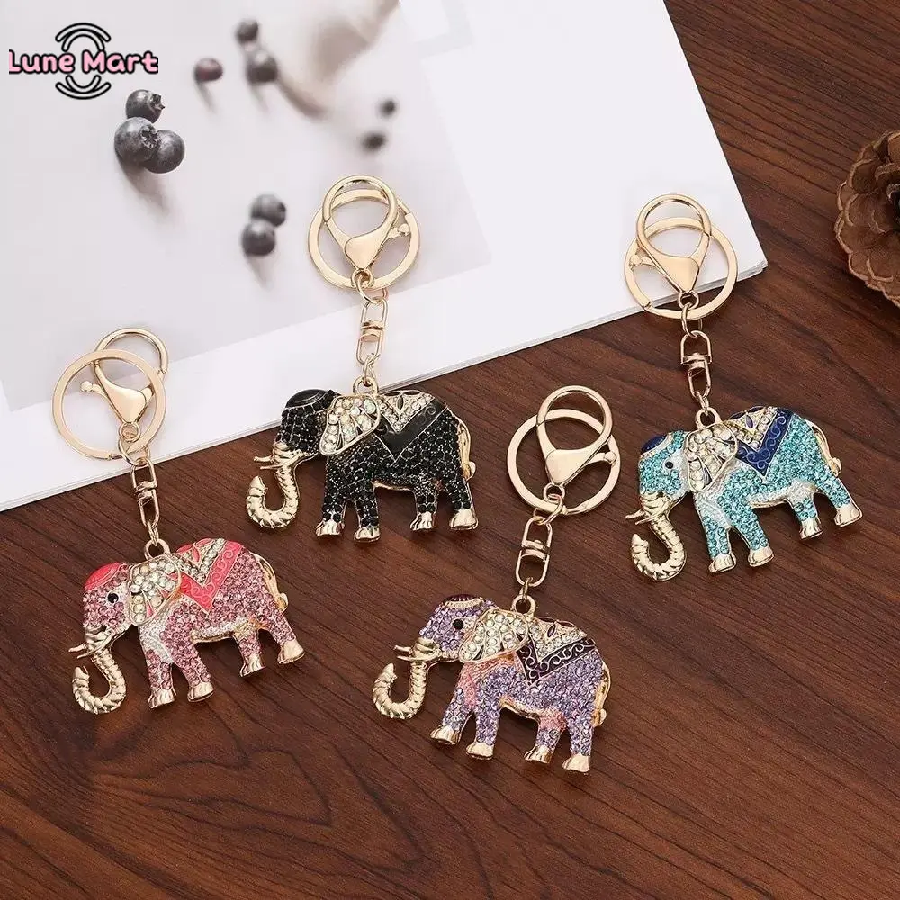 Lune Sparkly Rhinestone Elephant Keychain Enamel Inlaid Lucky Elephant Bag Charm Pendant Gold Tone Key Ring for Women Multiple Colors Available, Bag Charm Keychains, Character Enamel Keychains