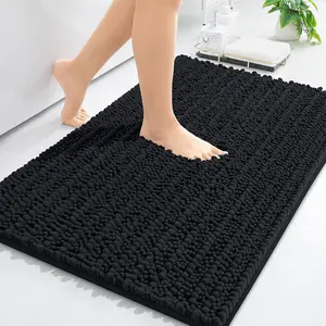 Luxury chenille bathroom rug mat extra soft thick absorbent shaggy bath rugs nonslip machine wash dry plush bath mats for bathroom shower and tub 24x16 black
