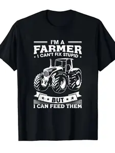 Men's Funny "I Am a Farmer I Feed The World" Tractor Print T-Shirt - Vintage Farming Tee Suitable for Agriculture Workers Gift, Casual Summer Short Sleeve Shirt with Farm Tractor