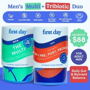 MEN'S DUO & SAVE (2-PK) - FIRST DAY Men’s Multivitamin + Tribiotic Gummies Bundle – Complete Daily Health Support – Vitamins A, C, D3, B12, Folate, Zinc + 3-in-1 Pre, Pro & Postbiotics – Energy, Digestion & Immune Function – 30-Day Supply