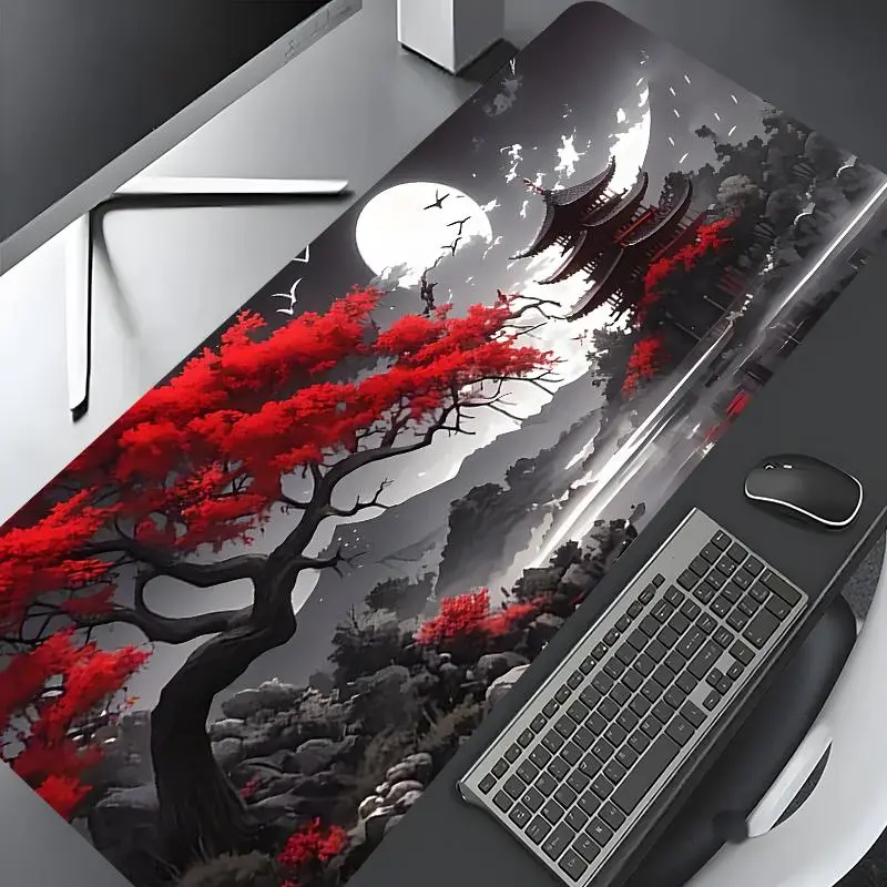 Red Maple Moonlit  Japanese Temple Art Large Gaming Mousepad, Computer Mouse Pad, Gaming Desk Mat, Stylish Desk Protector with Non-Slip Rubber, Multi-Size for Laptop & Desktop Use