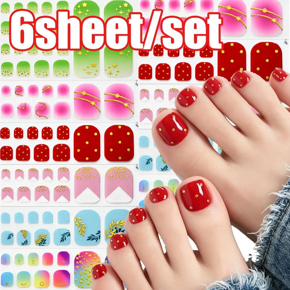 6Sheet Blooming Color Summer ToeNail Sticker With Bronzing Golden Star/Leaf/Dotting Nail Wraps Full-Cover Square Toenails Strips
