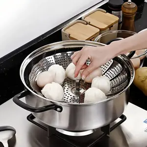 Vegetable Steamer Basket - Stainless Steel Folding Steamer with Removable Center Handle Insert for Veggie Seafood Cooking - Versatile Cooking Tool - Cookware Pan Silicone Strainer Pots Bamboo Fruit kitchen gadgets