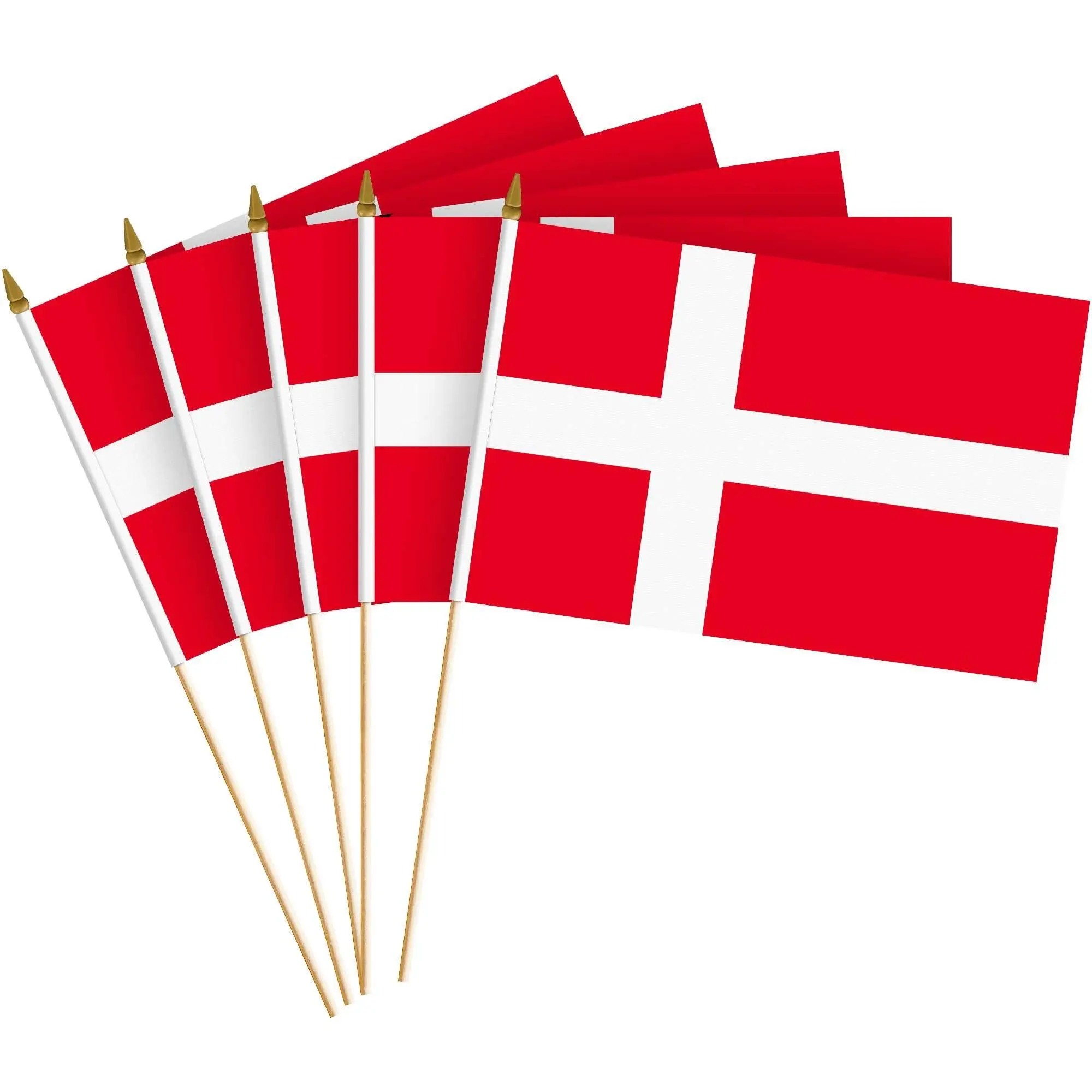G128 10 Pack Handheld Denmark Stick Flags | 8x12 In | Printed 150D Polyester, Country Flag, Solid Plastic Stick, Spear White Tip