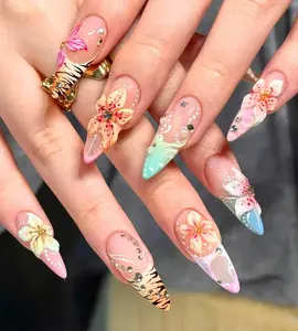 3D Floral Press On Nails, Long Stiletto Nails with Rhinestones & Tiger Print, Summer Nails, Custom Nail Art for Women, Reusable Gift Set.