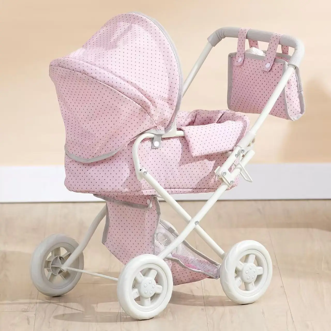 Unisex Kids' Vinyl Foldable Baby Doll Pram - Soft Adjustable Handle, Quick-Folding Design, Shoulder Bag, 4 Wheels, Basket, Shopping Function, Suitable Multi-Surface Compatibility, Kid-Appropriate Height, 48Cm *42Cm *73Cm Imaginative Play Toy Stroller