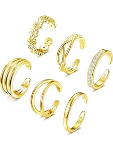 6 Pcs Gold Filled Flower Heart Open Toe Rings - Summer Beach Foot Jewellery Stackable Rings