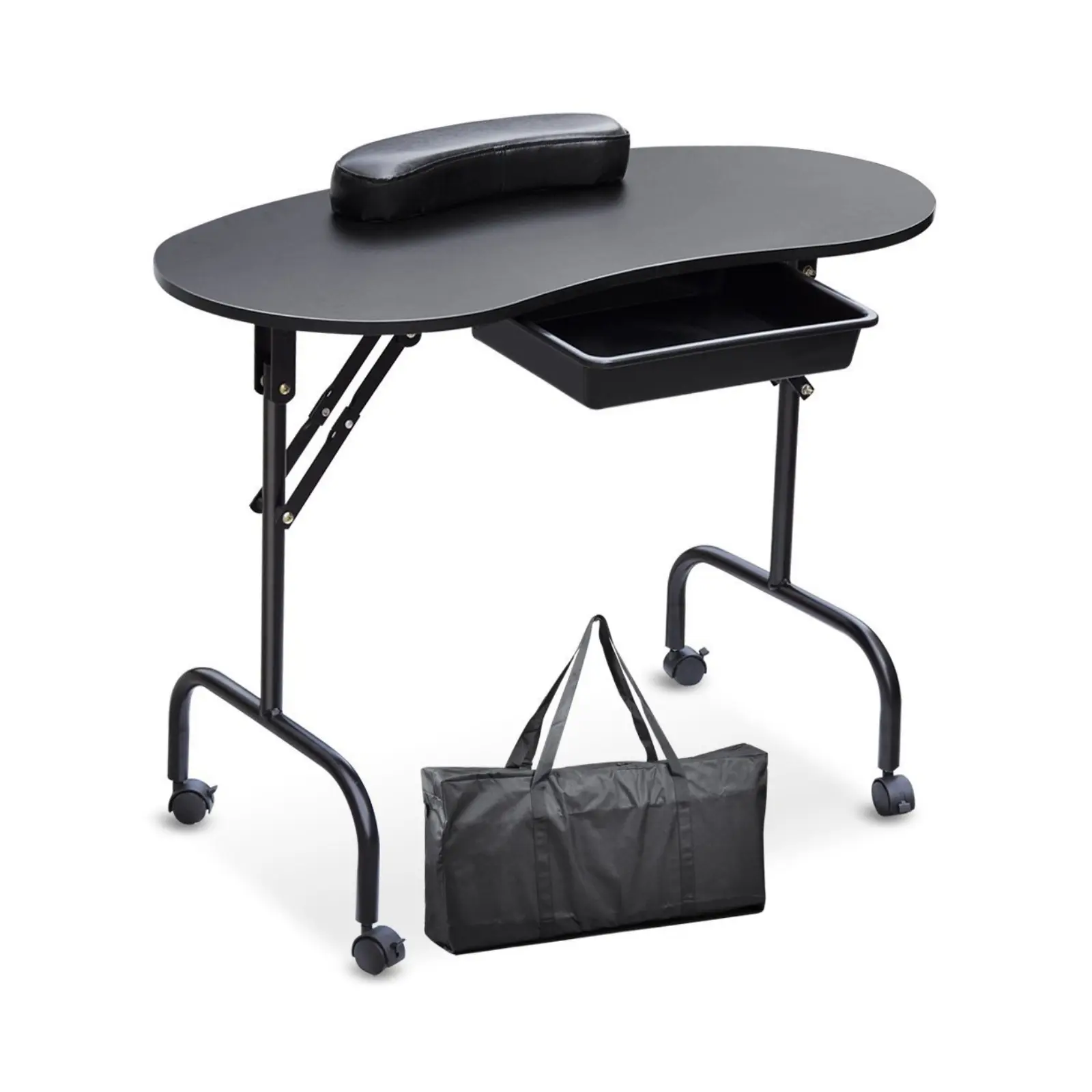 37-inch Nail Desk, Portable & Foldable Nail Table with Large Drawer, Manicure Table Workstation with Client Wrist Pad, Adjustable Wheels & Carrying Case for Nail Tech, Spa & Beauty Salon, Black
