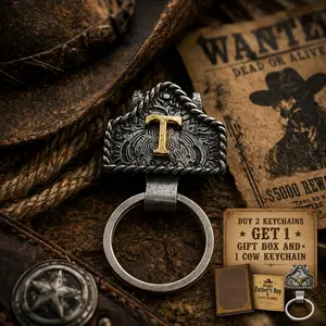 Handmade Cow Tag Belt Key Holder with Copper Initial – Custom Western Keychain for Men & Women, Texas-Inspired Cowboy Keychain, Fashion Accessory for Bags, Keys & Gifts