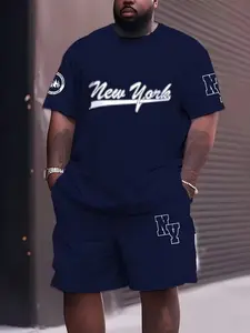 Men's Large Size Casual Sport Short Sleeve Shirt and Shorts Set, 3D Print New York, Round Neck, Knitted Fabric