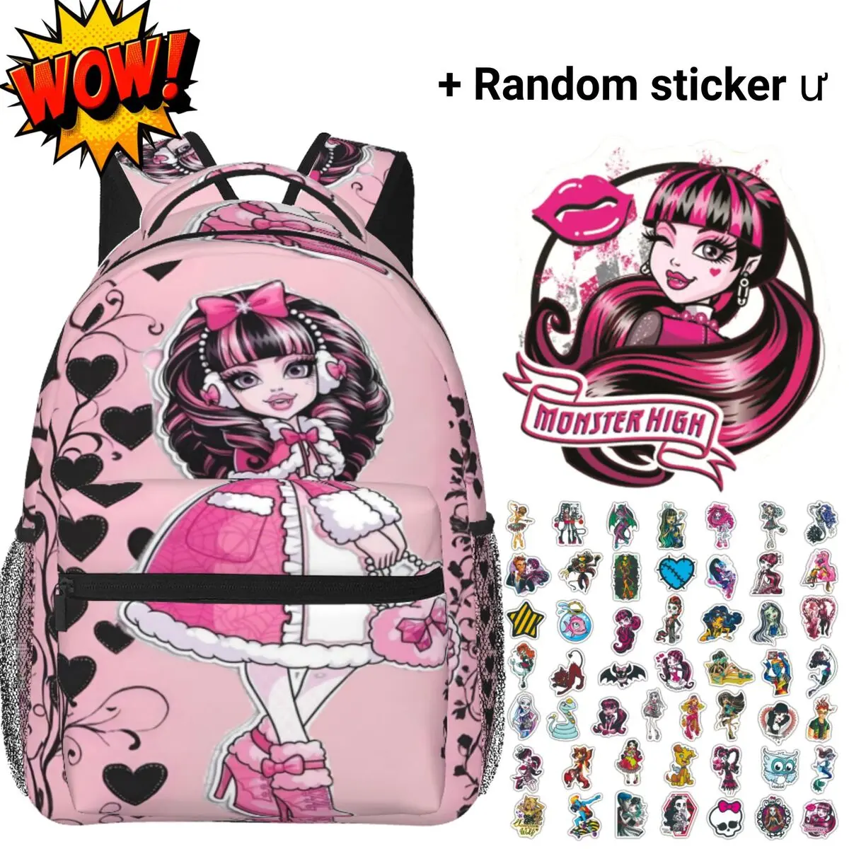 Monster High Backpacks for School Draculaura Winter Sweet All-Over Print, Large Capacity Pink Heart Goth Monster High Laptop Daypack for Campus Daily Commute, Cartoon Monster High School Bag Gift for Teens Girls Students Fans