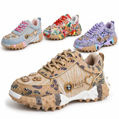 Women Casual Rhinestone-Embellished Sneakers Fashion Beaded Walking Shoes Outdoor Non-Slip Flat Shoes Sneaker Flats Red