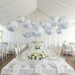 Set of 8 French Toile Hanging Paper Lanterns White with Blue Floral Pattern, Decorative Lanterns - 6", 8", 10", 14"