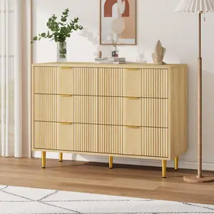 Natural Oak Fluted Dresser for Bedroom with 6 Drawers, 39.4" Wide Modern Chest of Drawers with Metal Handle, Wooden Closet Clothes Storage Organizer for Living Room, Hallway