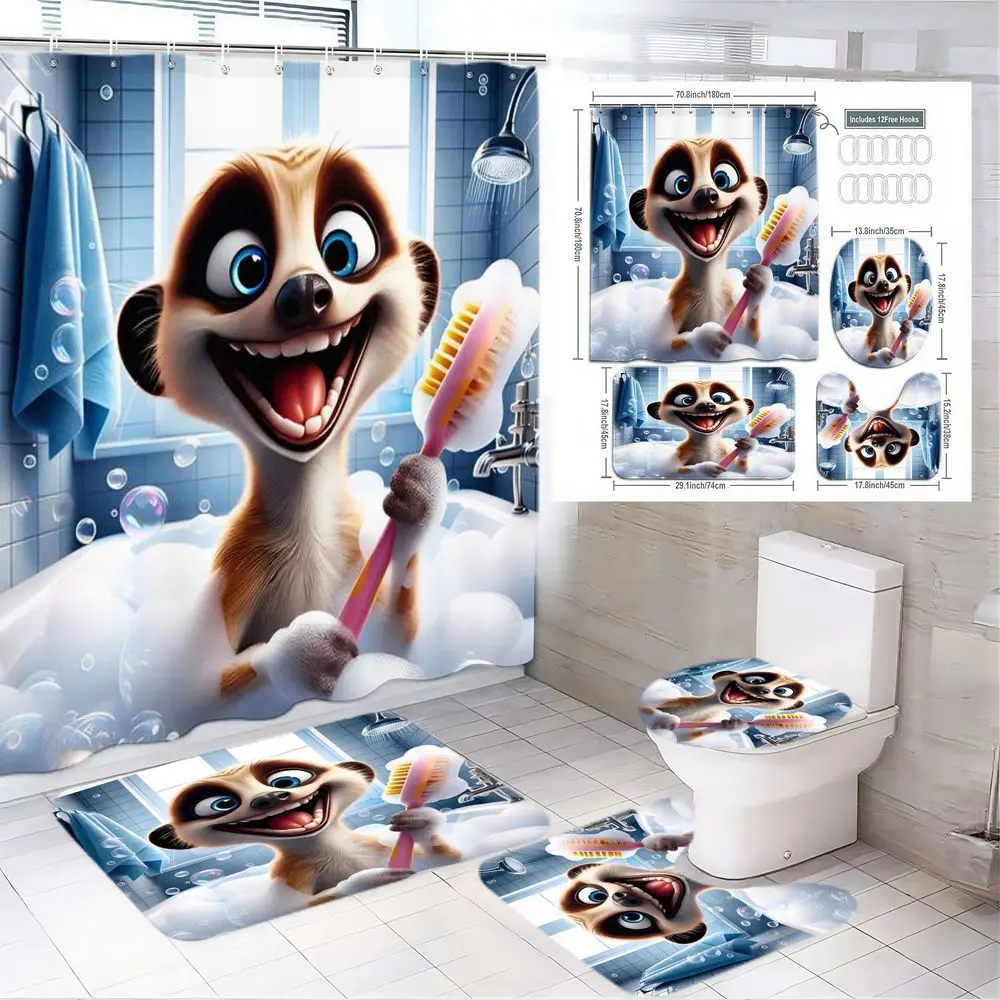 1/4pcs Meerkat Bathroom Curtain Set, Funny Shower Curtains For Bathroom, Animated Meerkat with Pink Toothbrush in Blue-Tiled Shower Scene, Matching Bath Mat & Toilet Seat Cover, Perfect for Spring Easter, Family Bath Decor Gift