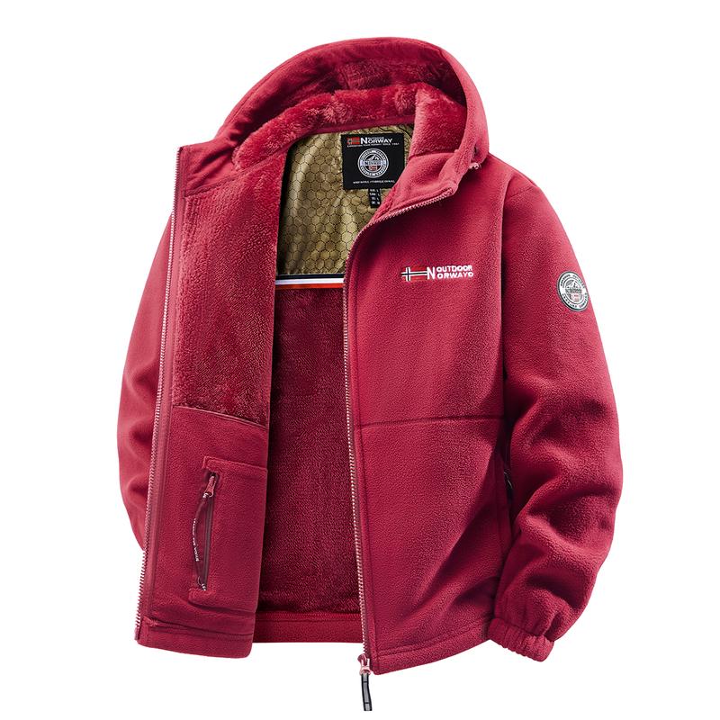 Men's Outdoor Heavyweight Fleece Jacket - Double-Sided Warm Hooded Coat with Full Zip, Multi Pockets & Machine Washable Polyester for Camping Hiking Casual Wear