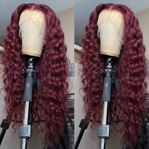 Bling Hair 99J Deep Wave 13x4 13x6 Lace Front Wig Human Hair HD Transparent Lace Melt All Skins Burgundy Red Wig 10A Grade Raw Virgin Hair