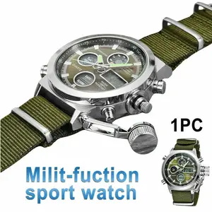 Army Green Military Wrist Watch with Analog-Digital Display and Nylon Canvas Strap for Men
