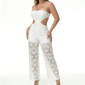 ChicCurve Women's Red Lace Strapless Jumpsuit with Cut-Out Detail Elegant Overalls for Womenswear Formal & Casual Wear