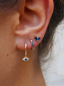3pcs Fashion Blue Eye Stud Earrings Set, Trendy Zircon Leaf Ear Cuffs, European Style Daily Wear Jewelry, Elegant Accessory Combo