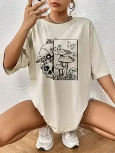 Unisex's Cartoon Mushroom Print Round Neck Jersey Tee Top, Comfort Graphic Tees, Casual Womenswear, Loose Drop Shoulder Half Sleeve T-shirt for Daily Wear, Graphic Tees, Unisex's Clothes for All Seasons, Tshirt