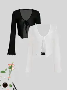 Women's Solid Color Tie Neck Crop Cardigan & Open Front Long Sleeve Fitted Cardigan, Casual Elegant Outerwear for Summer, Ladies Clothes for Daily Wear, Tops, Knitwear