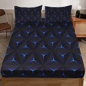 3PCS diamond grid blue bed sheet set (1 bed sheet+2 pillowcases without pillow core), high-definition printing for home dormitories