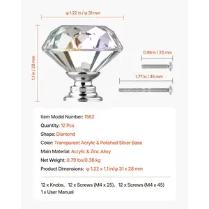 VEVOR Cabinet Knobs, 12 Pack, 1.22 Inch Acrylic Zinc Alloy Drawer Pulls Door Handles, Diamond Kitchen Solid Knobs Dresser Handles, Cupboard Hardware with Screws for Bathroom Closet Cabinets Drawers