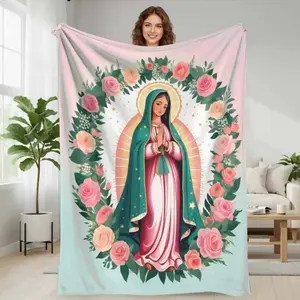 Virgin Mary Floral Halo Flannel Blanket  Sacred Art Rose Pattern with Elegant Green and Pink Design  Soft Funny Throw Blanket Cozy Lightweight Plush Portable Cover Blanket For Sofa,Warm Gift For Birthday,Christmas,Multiple Blanket