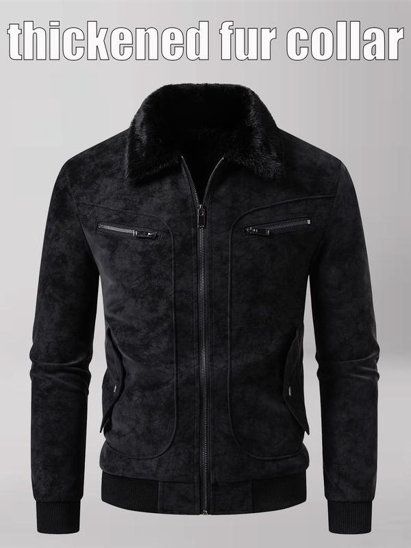 Men's Winter Velvet Jacket, Fleece Lined Thick Fur Collar, Vintage Lapel Multiple Pockets, Warm Motorcycle Coat