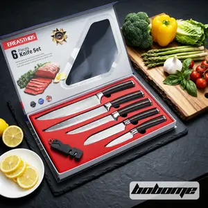 BOBOME 6-Piece Japanese Kitchen Knife Set - Laser Damascus Pattern Chef Knife with Sharpener, Stainless Steel Ultra Sharp Kitchen Knives,Ergonomic Pakkawood Handle, Dishwasher Safe,with Gift Box