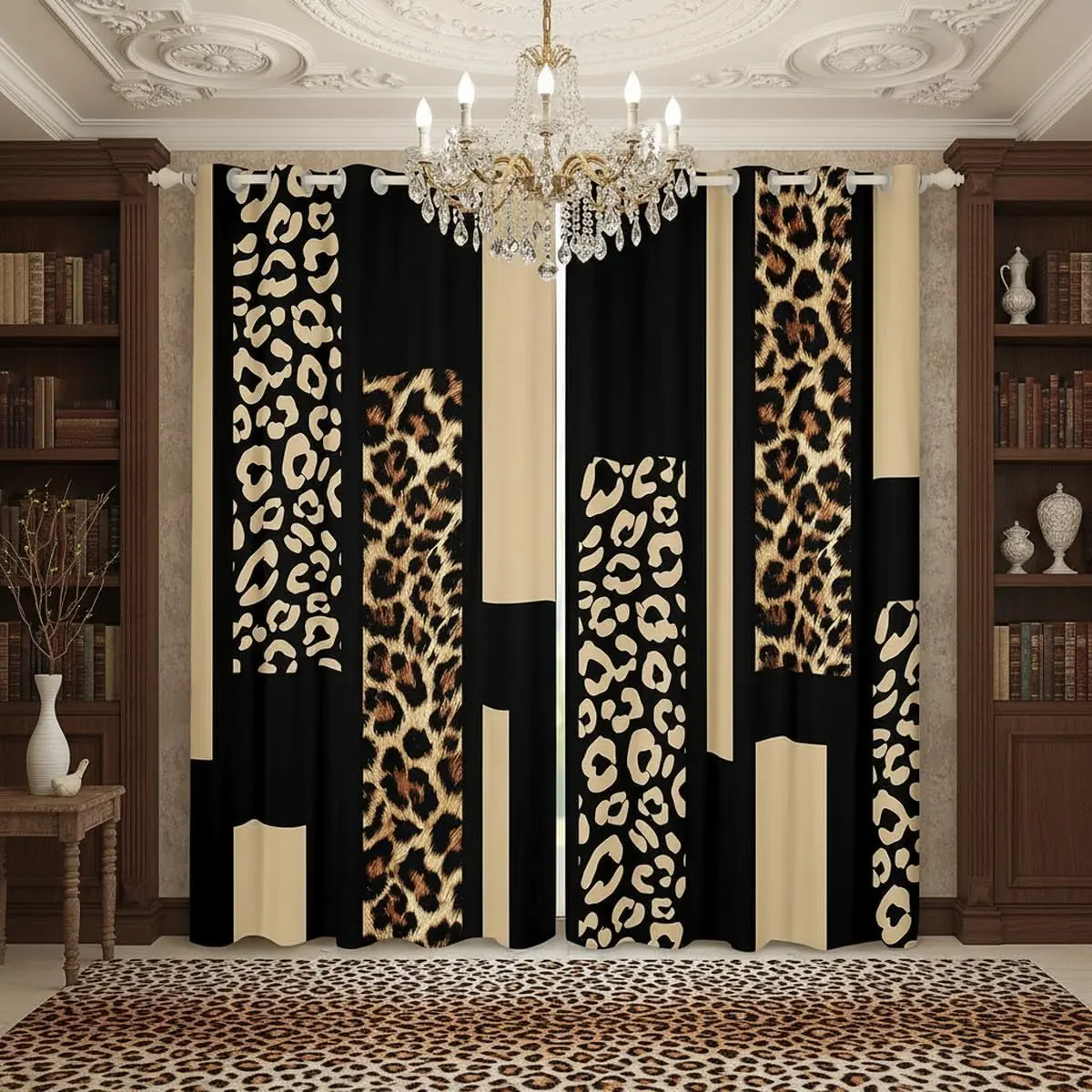 Leopard Print Blackout Curtains Beige Brown Stripes Cheetah Curtains African Wild Animal Skin Pattern Window Treatments Geometric Modern Abstract Drapes 2 Panels