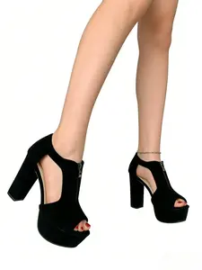 Women's Fish Mouth Retro Velvet High Heel Sandals, Zipper Front Design, All-Season Commuter Shoes, Comfortable & Stylish