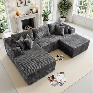 CAODOC 108" Modular Sectional Sofa Cloud Couch with Ottoman Corduroy Memory Foam L-Shaped Couch for Living Room Modern Deep Seat Boneless Fluffy Plush Chaise Lounge Free Combination