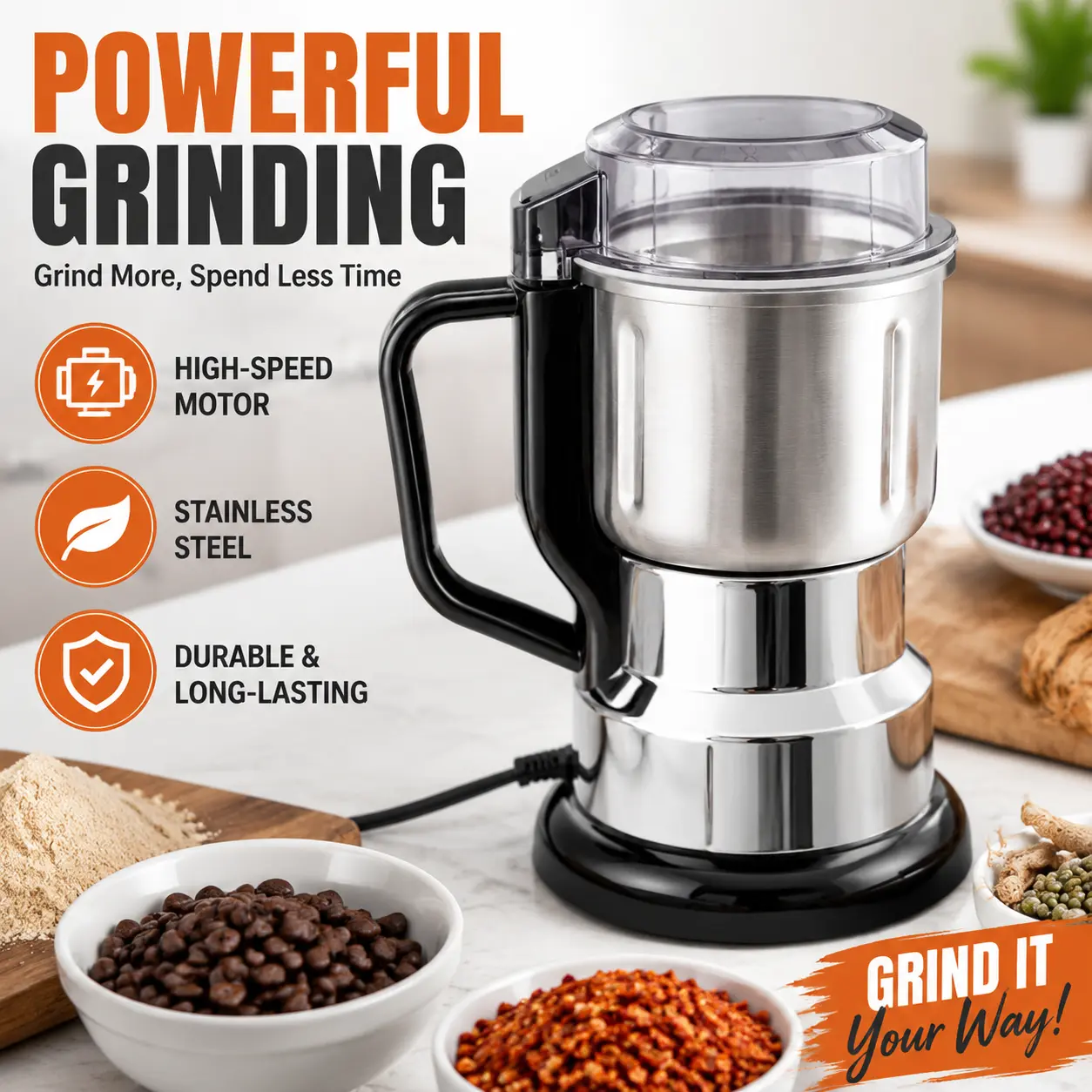 Springtok 300W Electric Coffee Grinder, Stainless Steel Blade Mill for Coffee Beans, Spices & Nuts, Powerful Kitchen Grinding Tool