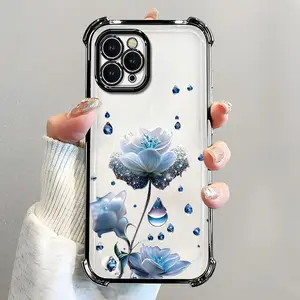 For [iPhone 11 Pro] luxury women's phone case🥰, electroplated four-corner shockproof protection, crystal clear blue flower with water drop design, sophisticated and eye-catching666