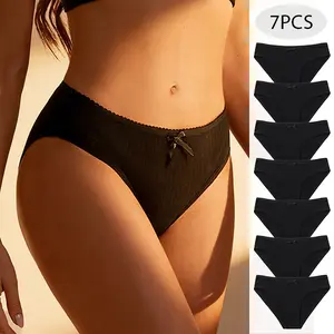 Women’s Preppy Minimalist Basic Cotton Underwear, Black Pure Cotton Triangle Panties, 7-Piece Set